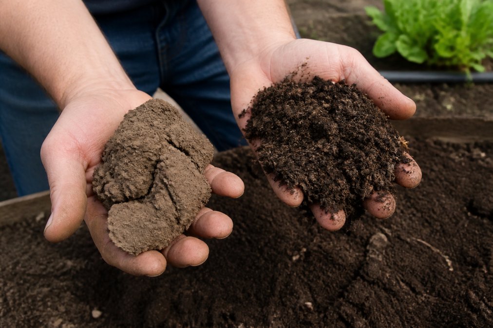 Diagram comparing compacted clay soil with loose soil amended by the best natural soil conditioners for vegetables.
