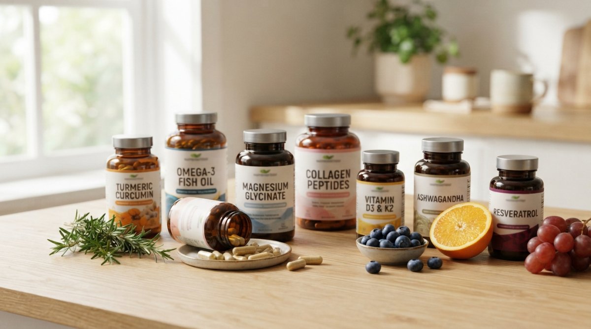 Close-up of various supplement bottles and capsules arranged on a light wooden table with fresh herbs and fruits in soft natural lighting