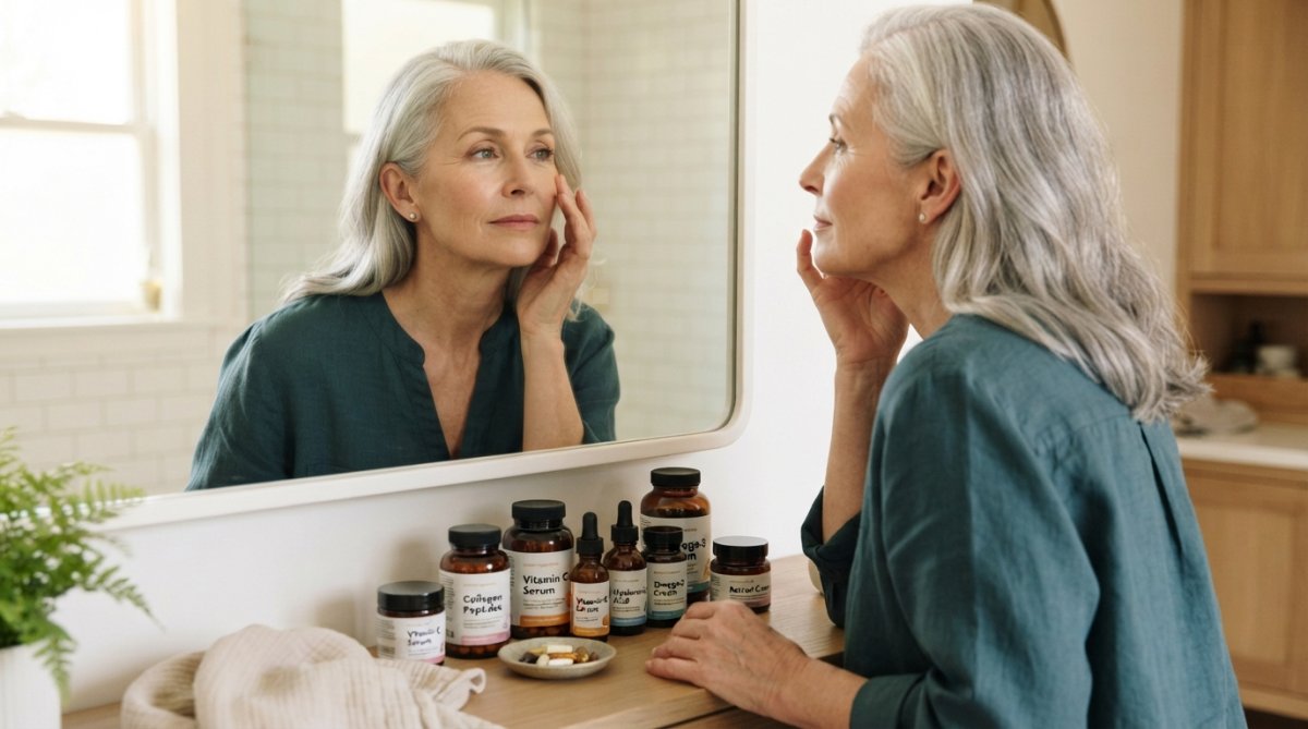 Mature woman examining her skin in a mirror with a serene expression, demonstrating skincare and wellness awareness