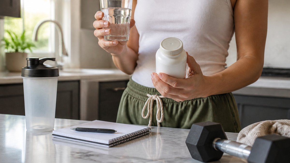 A person in a bright kitchen holding a supplement bottle and a glass of water, with a notebook and pen on the counter for tracking their routine