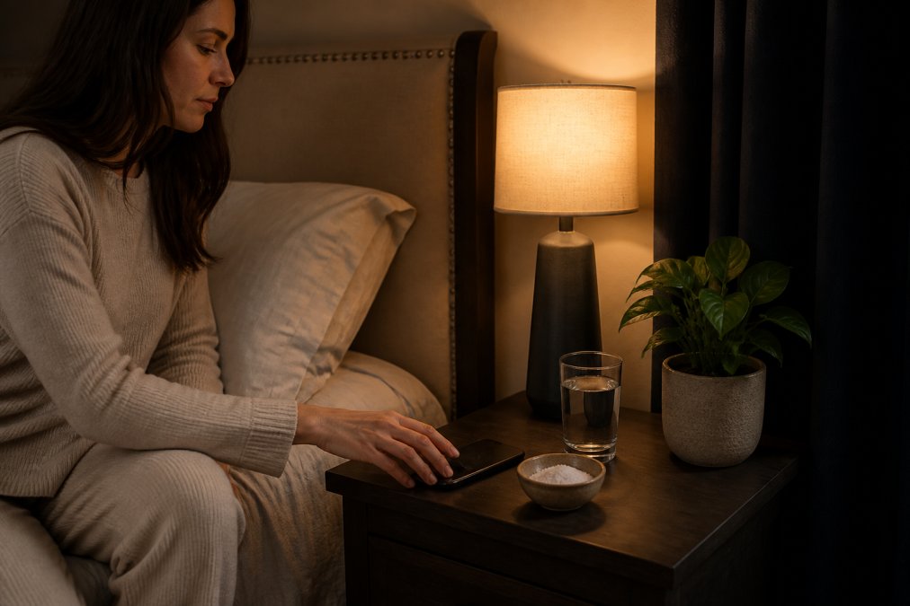 Person placing phone face-down by water and natural supplements to wind down in a dimly lit bedroom.