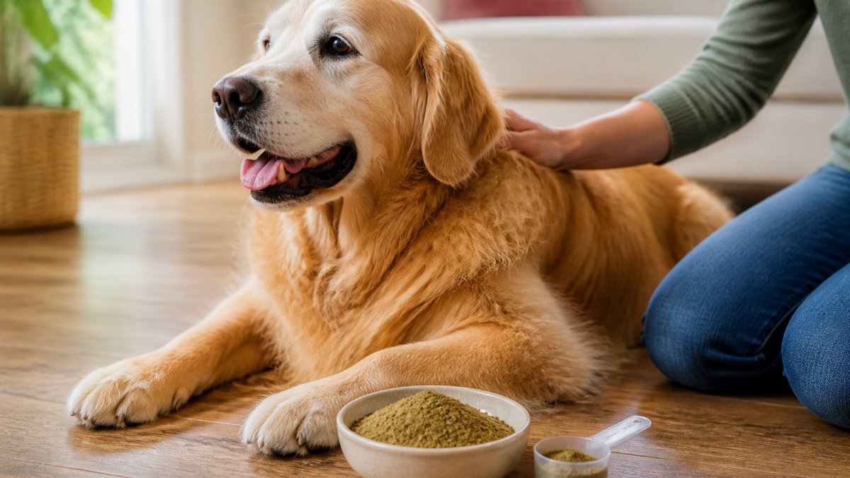 Senior golden retriever resting on a wooden floor next to a bowl of joint supplement powder and a measuring scoop
