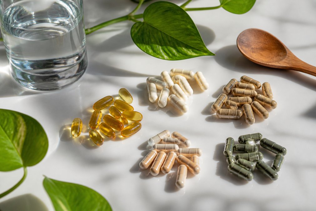 A flat-lay overhead shot of various natural supplement capsules, softgels, and a glass of water arranged neatly on a clean white surface with green leaves and a small wooden spoon nearby, in bright natural daylight