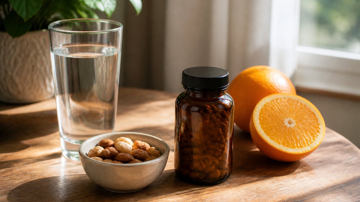 A wooden table with a glass of water, a small bowl of mixed nuts, fresh oranges, and a closed amber supplement bottle, natural morning light