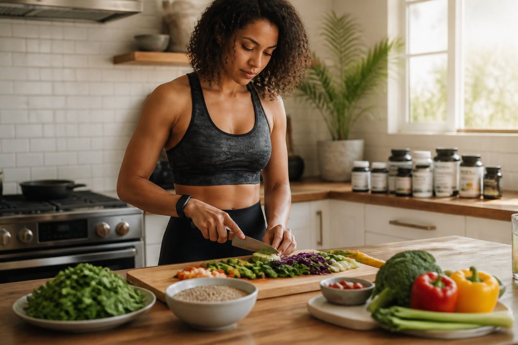 A fit person in a bright modern kitchen preparing a colorful meal with leafy greens, whole grains, and sliced vegetables on a wooden cutting board, with several supplement bottles visible on the counter behind them in warm morning light