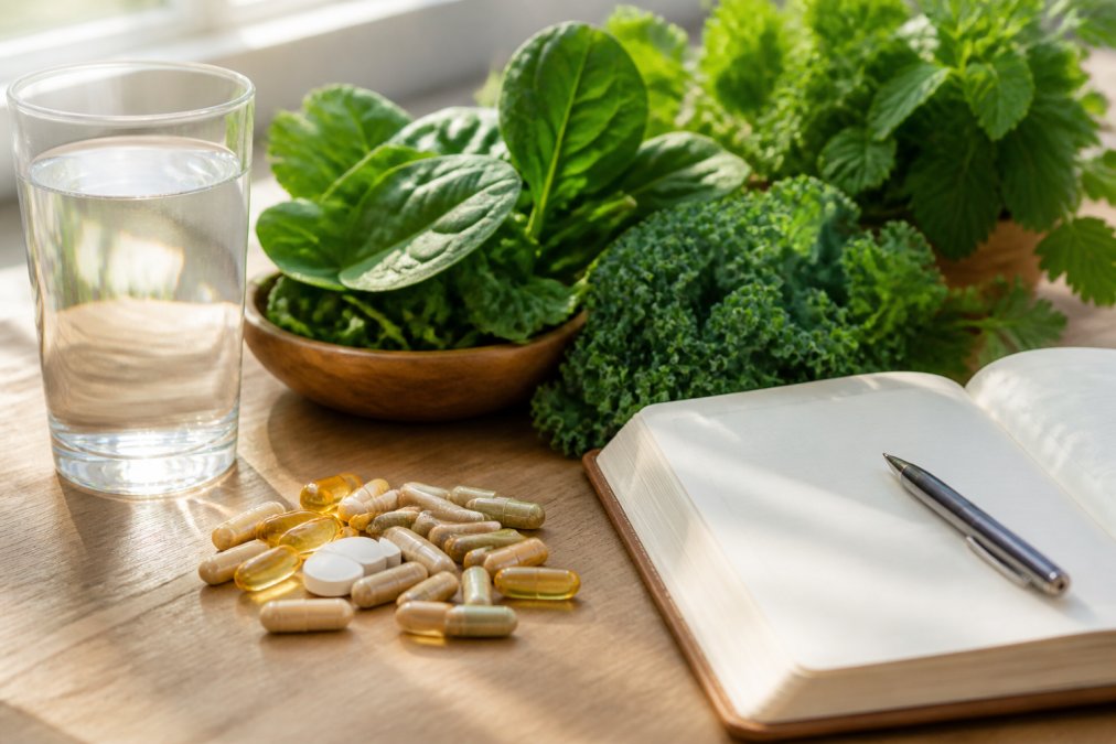 Close-up of assorted supplement capsules and fresh leafy greens arranged on a light wooden table, a glass of water and an open notebook beside them, soft morning window light