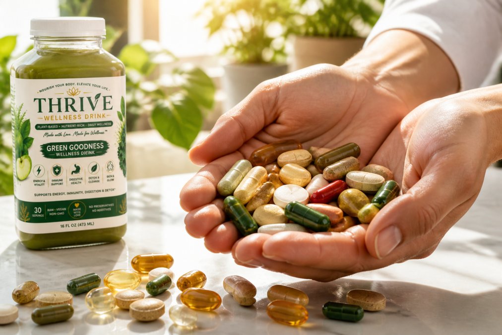 Close-up of hands holding a variety of colorful natural supplements, vitamins, and mineral tablets arranged on a bright white surface with fresh green plants and morning sunlight in the background