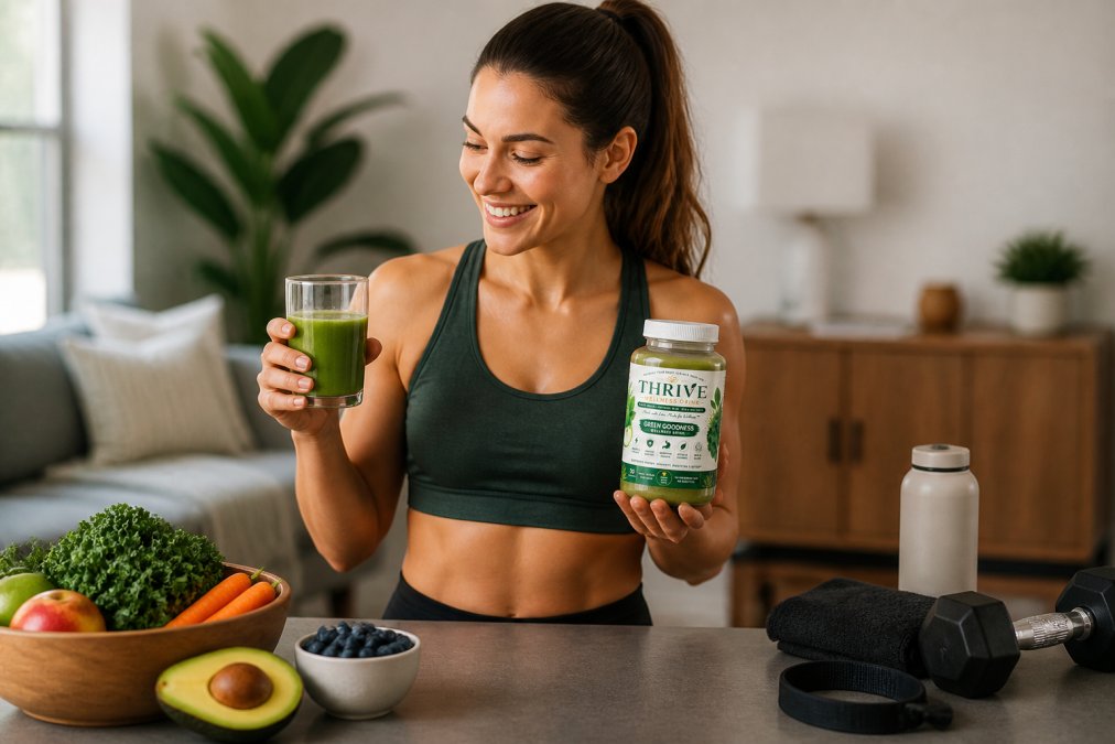 Active adult in workout attire holding a glass of wellness drink and sea moss gel supplement, with exercise equipment and healthy foods visible in a modern home setting with natural lighting