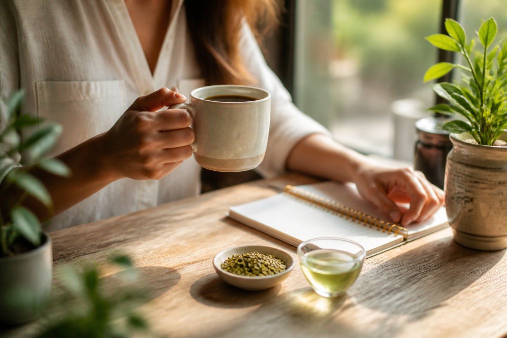 A person at a desk holding a mug of fresh-brewed coffee beside a small dish of green tea, morning light through a window