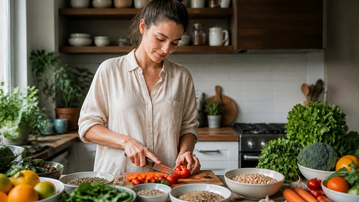 Person preparing a healthy meal with fresh vegetables, whole grains, and legumes at a kitchen counter with natural morning light