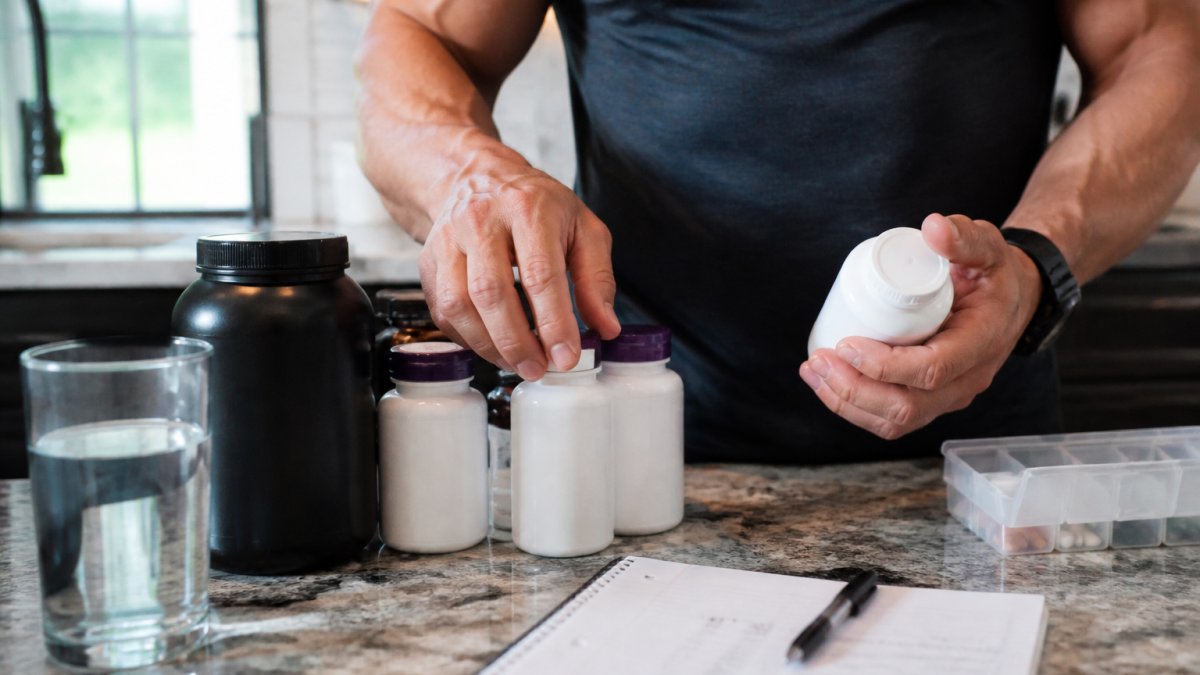 A close-up of a fitness-focused adult's hands organizing several supplement bottles on a kitchen counter, with a glass of water and a notebook listing daily health goals nearby