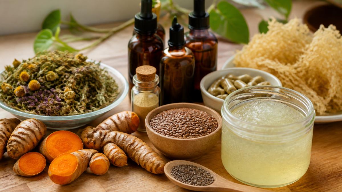 Overhead shot of natural supplement ingredients artfully arranged on a wooden surface: fresh turmeric root, omega-3 rich seeds, sea moss gel in a glass jar, herbal extract bottles with warm natural lighting from a window