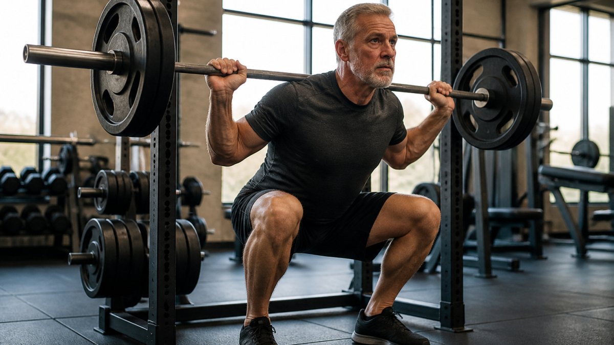 Mature man performing a controlled barbell squat with proper form in a well-lit gym setting