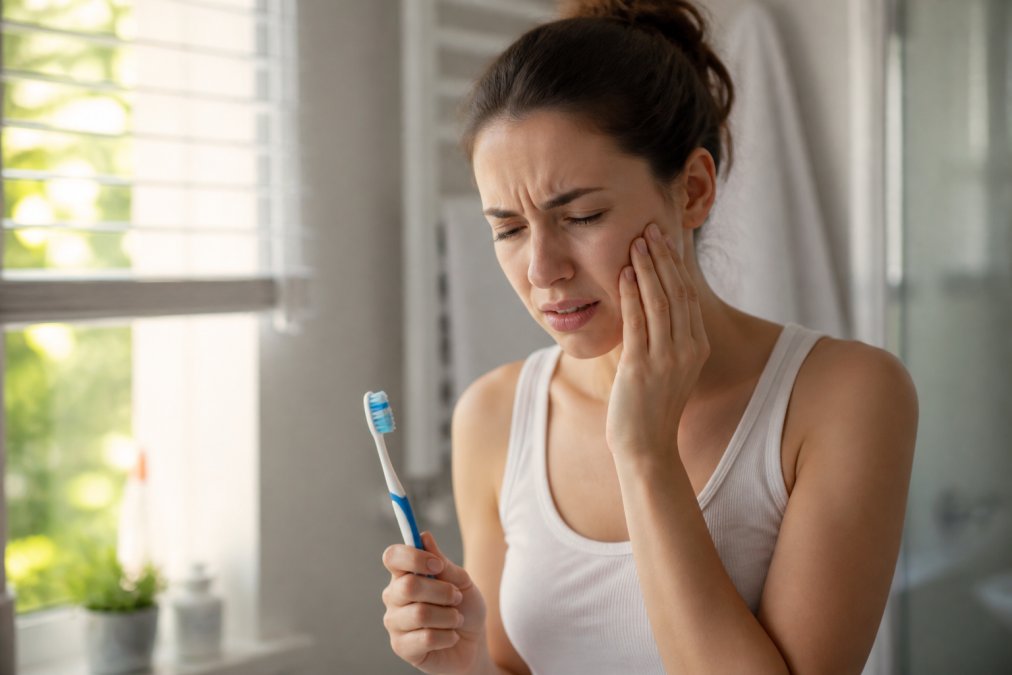 Person wincing while holding their cheek in discomfort, with soft natural morning light filtering through a window, suggesting tooth sensitivity pain