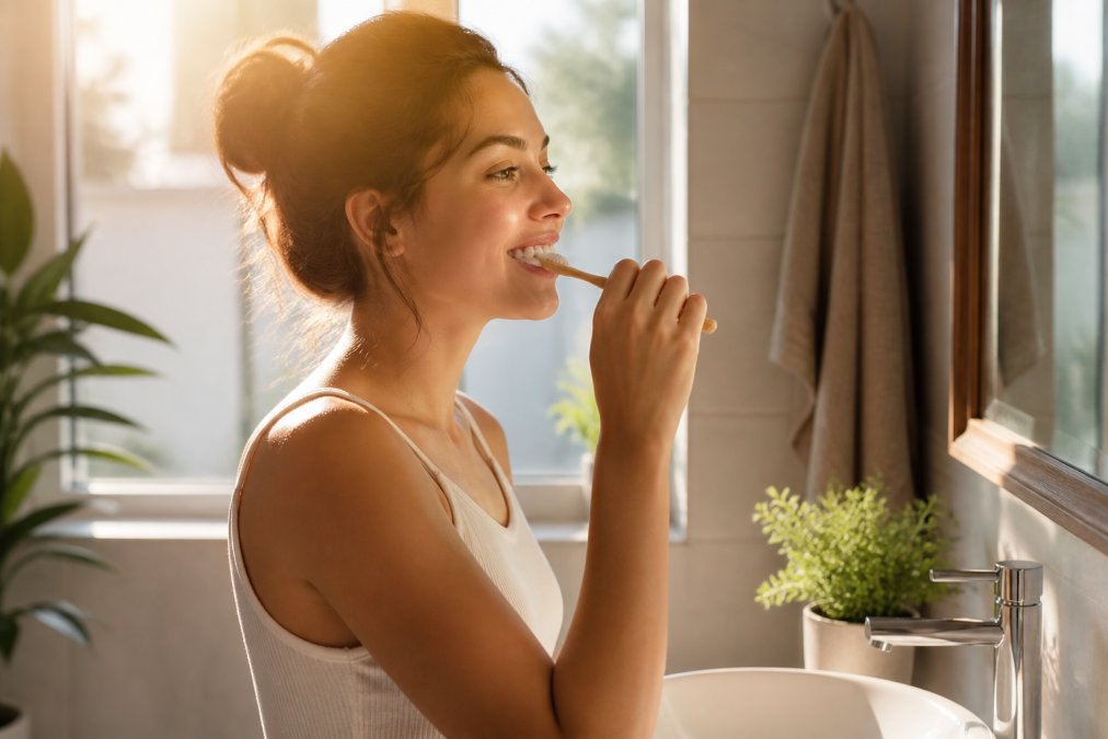 Person brushing their teeth with natural toothpaste over a sink, holding the toothbrush at a gentle angle with morning sunlight streaming through the window
