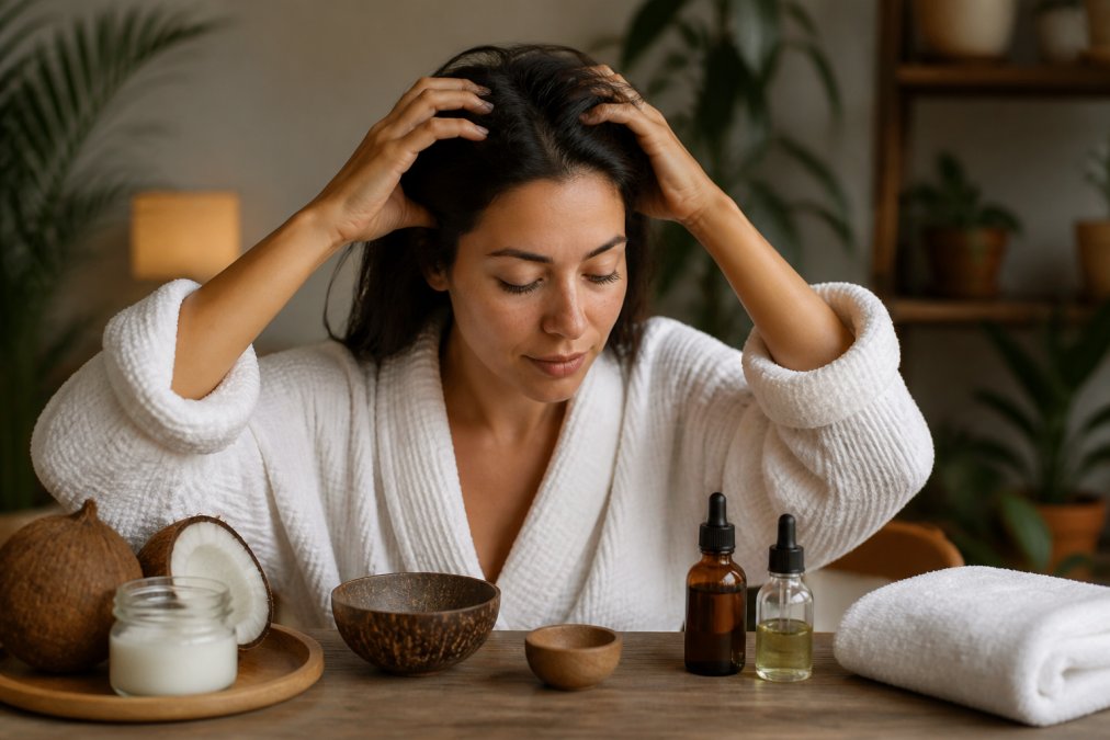 A woman in a spa setting gently applying a natural oil to her scalp with her fingertips, surrounded by small bowls of coconut oil and tea tree essential oil, warm and calming atmosphere