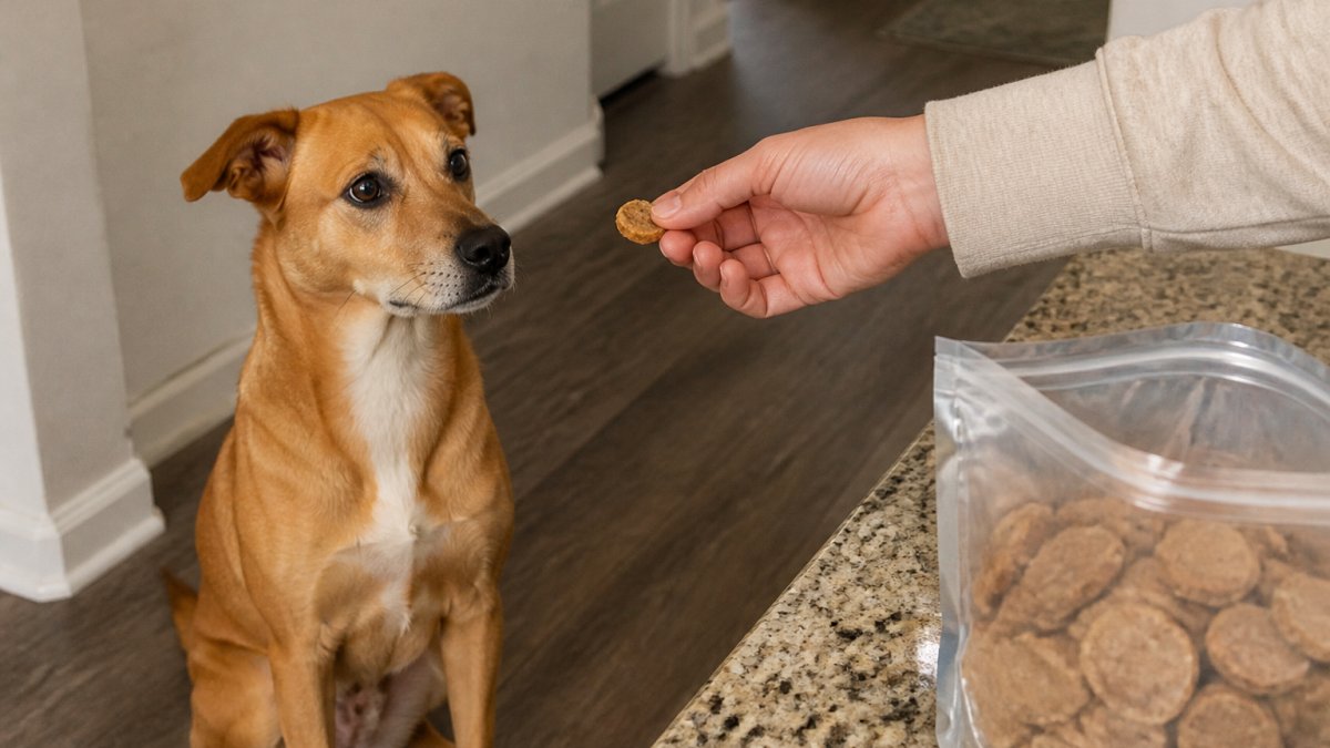 A person offers a crunchy turkey chip treat to a dog sitting on a kitchen floor.