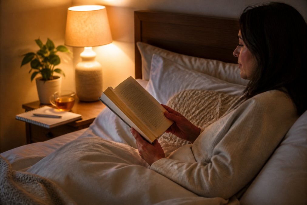 A person reading an ebook on a tablet in a calm bedroom with soft lamp light, a cup of herbal tea on the bedside table and a notebook nearby