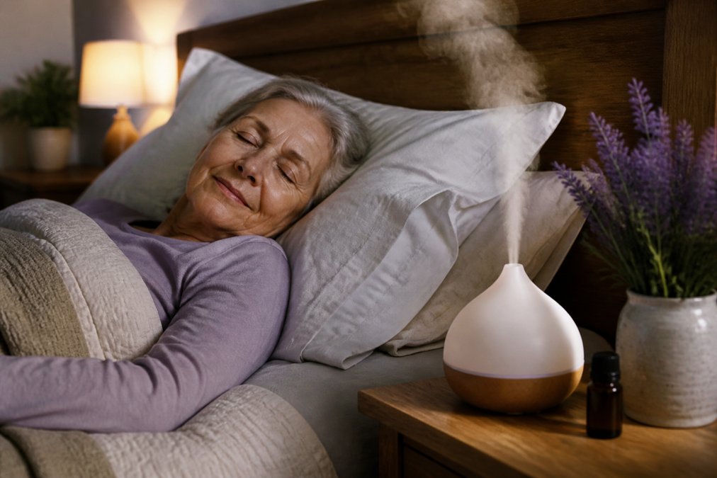 Senior woman relaxing in a cozy bedroom with a lavender diffuser, a key addition to any collection of natural wellness