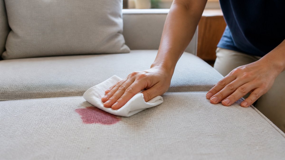 Professional demonstrating proper blotting technique on red wine stain with white absorbent cloth on light upholstery, hands showing firm pressing motion in natural daylight