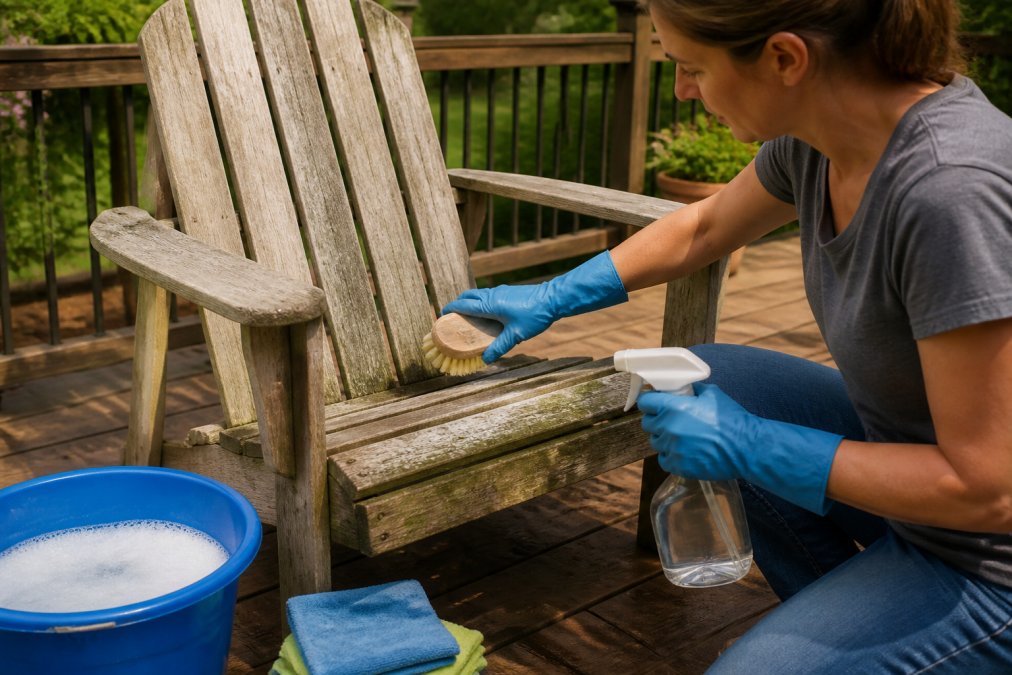 Homeowner scrubbing a wooden patio chair with natural wood cleaners and a soft brush on a sunny deck.