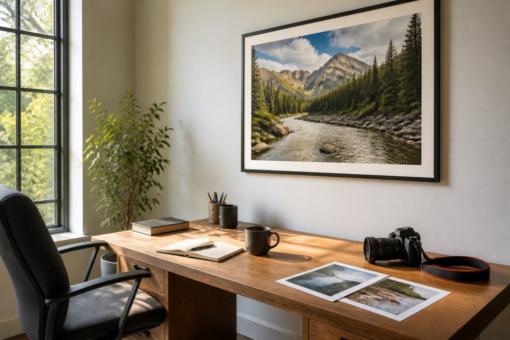 Modern professional office workspace with a nature photography print displayed above a wooden desk, natural light streaming through the window, creating a focal point that enhances the workspace aesthetic