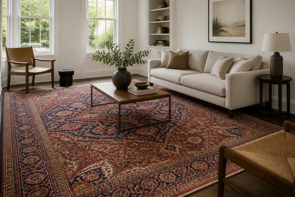 A sunlit living room with large windows, featuring a hand-knotted vintage Persian rug with a traditional floral pattern in red and blue, styled with a modern linen sofa and neutral walls