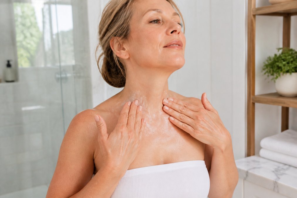 Woman using upward motions to apply neck firming cream to her neck and décolletage in a bright bathroom.