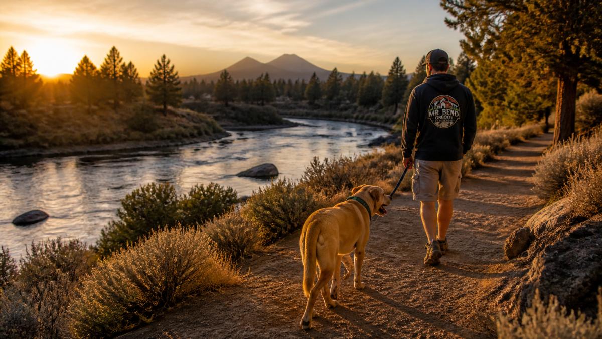 A dog and its owner walking a high desert trail along the Deschutes River at golden hour, juniper and sagebrush in the foreground, leash in hand, warm cinematic light