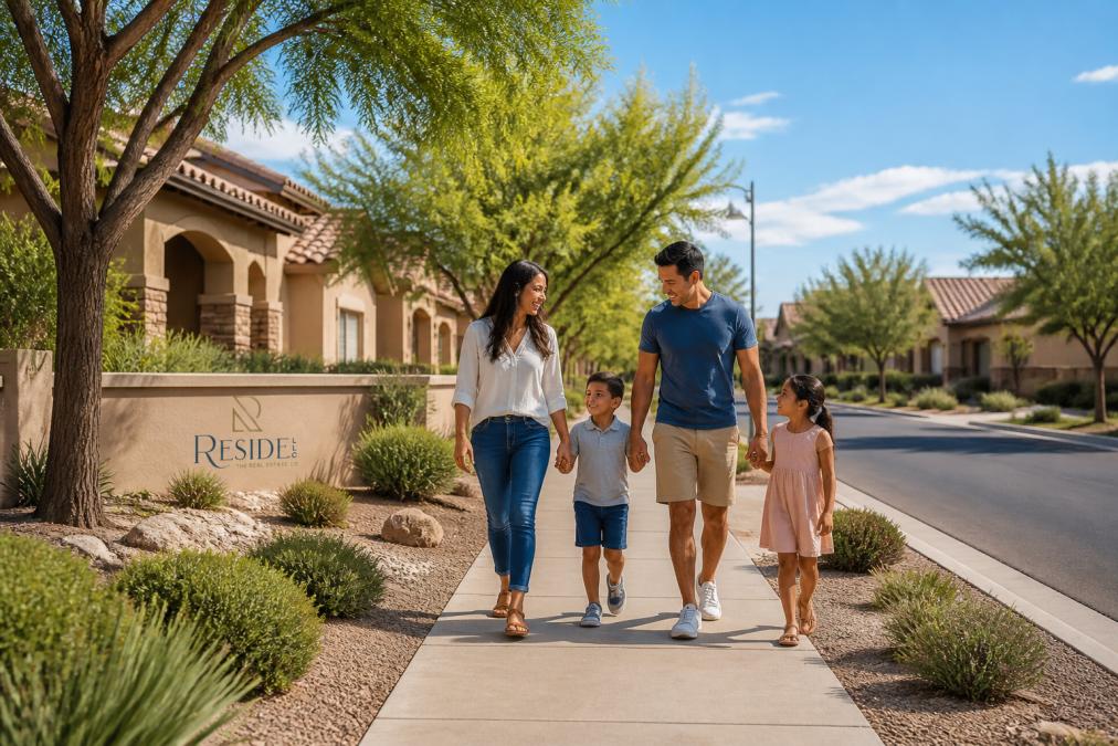 Family walking down a tree-lined sidewalk in one of the best neighborhoods for families in Henderson.