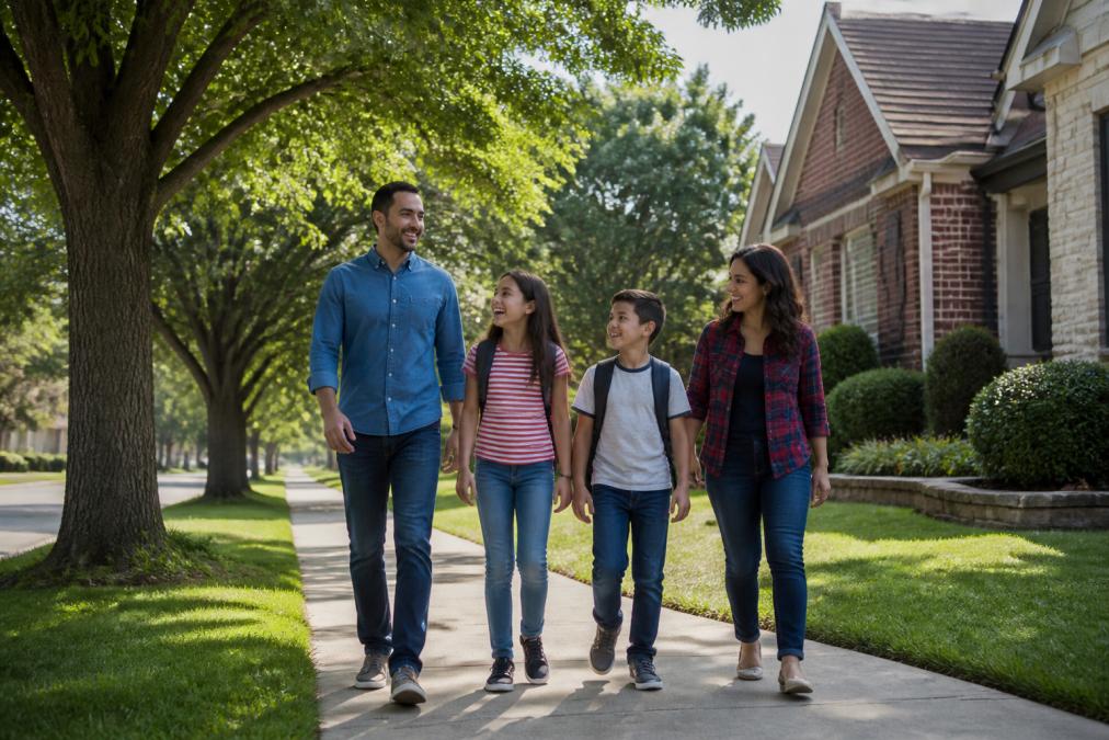 A family with two school-age children walking along a tree-lined sidewalk in a North Dallas suburban neighborhood, with brick homes and green front lawns visible behind them on a sunny afternoon