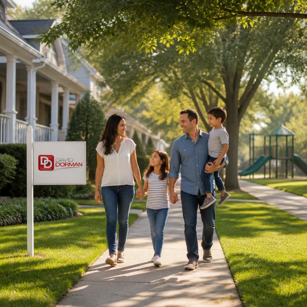 Family walking together on a tree-lined sidewalk in a suburban neighborhood with well-maintained homes, green lawns, and a playground visible in the distance