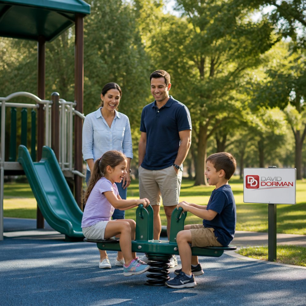 Children playing in a community park with recreational equipment, parents watching nearby, and green space with trees in the background