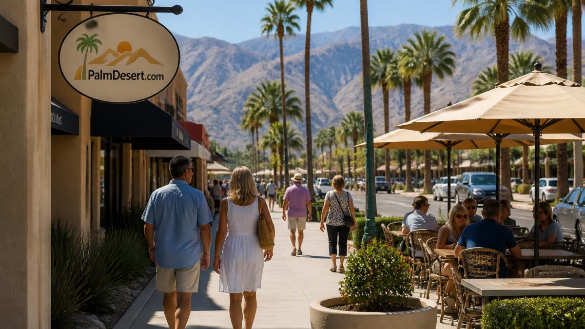 People strolling past palm-lined shops and cafes in a walkable long term palm desert neighborhood