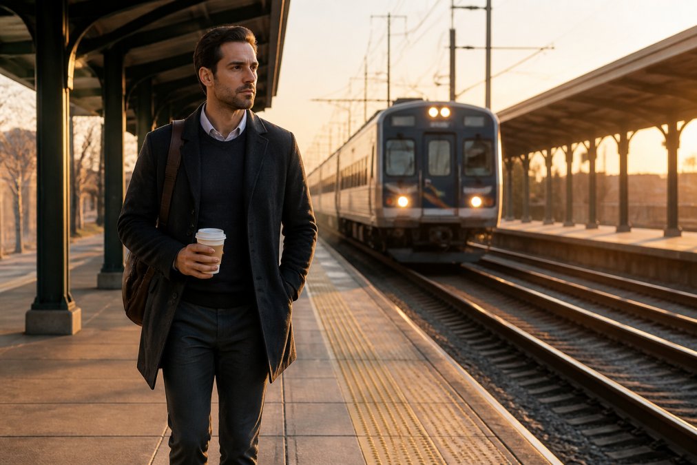 A commuter in business casual attire walking along a suburban train platform at sunrise, holding a coffee cup, with a NJ Transit train approaching in the background