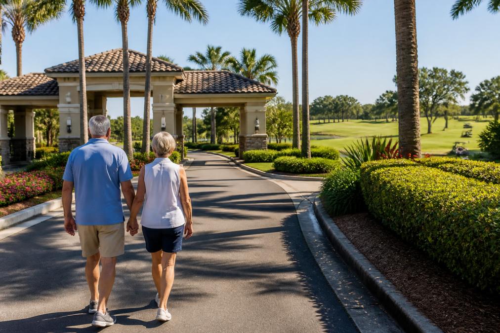 Senior couple walking through Grand Haven's gated entrance with palm trees lining the street, manicured landscaping, and a pristine golf course visible under bright morning sunlight