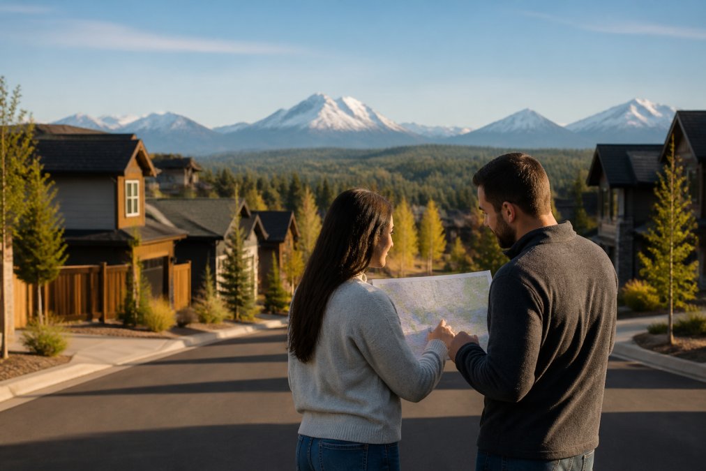 A couple reviewing a Bend neighborhood map on a tablet while standing on a residential street with the Cascade Mountains visible in the background, late afternoon light