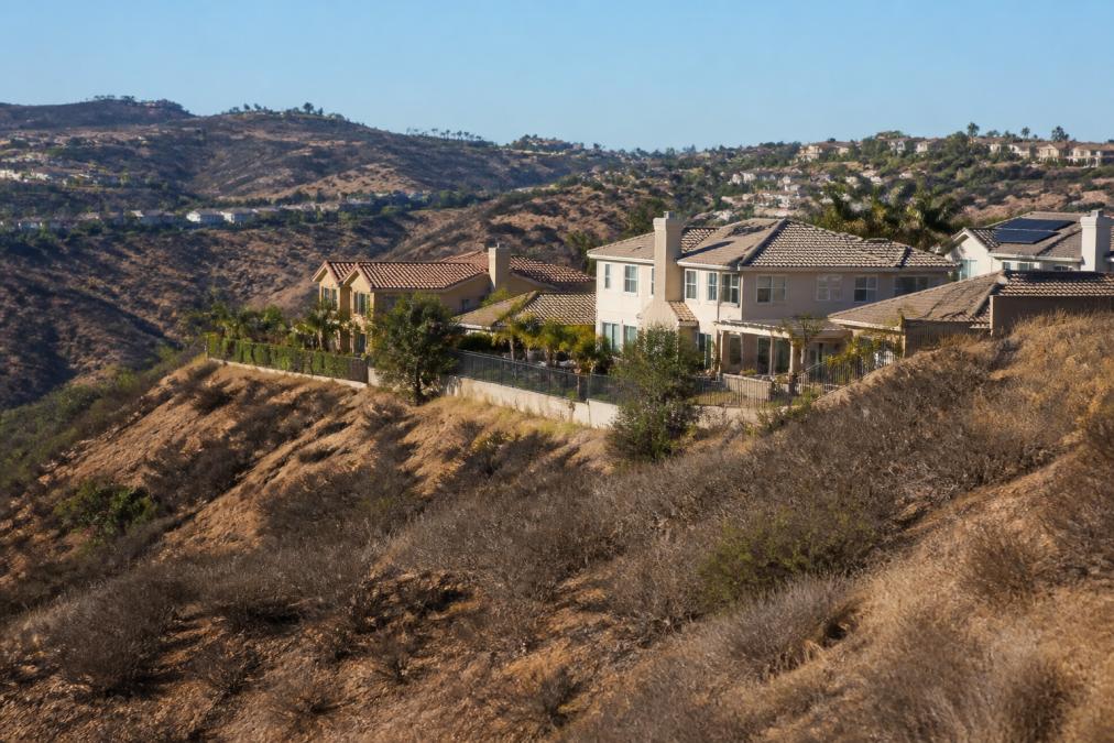 A hillside residential neighborhood in Southern California with dry brush covering surrounding slopes and homes visible close to the terrain edge under bright afternoon sunlight