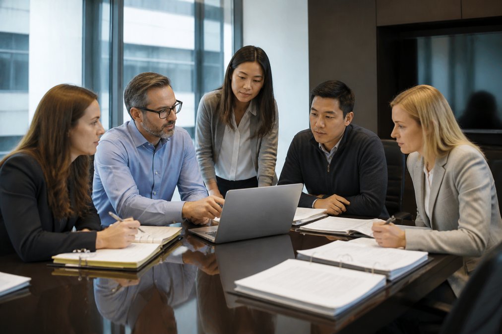 Team of accountants and IT staff collaborating in conference room, reviewing security protocols and compliance documents on laptop with network diagrams visible