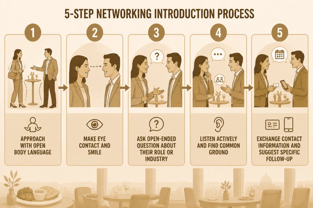 5-step flowchart for mastering networking introductions at the best networking spots in DC for professionals.