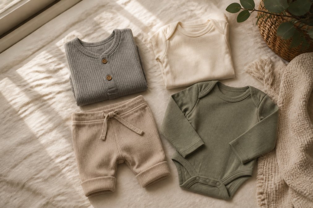 Flat lay arrangement of neutral-colored baby clothing on soft cream linen: folded gray cotton romper, cream onesie, taupe-toned baby pants, and sage green bodysuit with natural morning light from window