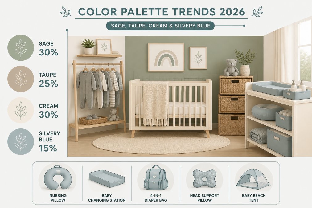 Modern minimalist nursery corner with soft natural light: cream-colored crib with sage green accent wall, taupe woven storage baskets stacked neatly, gray baby clothing hanging on wooden rack, and silvery-blue soft furnishings on changing table