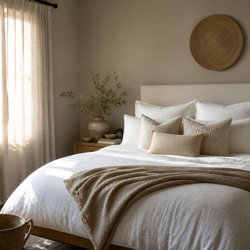 A serene bedroom with warm greige walls, a white cotton bedspread layered with textured pillows, and soft morning light filtering through linen curtains, showing how neutral paint pairs with white bedding and natural textures