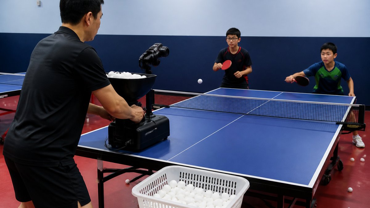 Coach operating a table tennis training robot during multi-ball practice session with students at facility table, bright overhead lighting