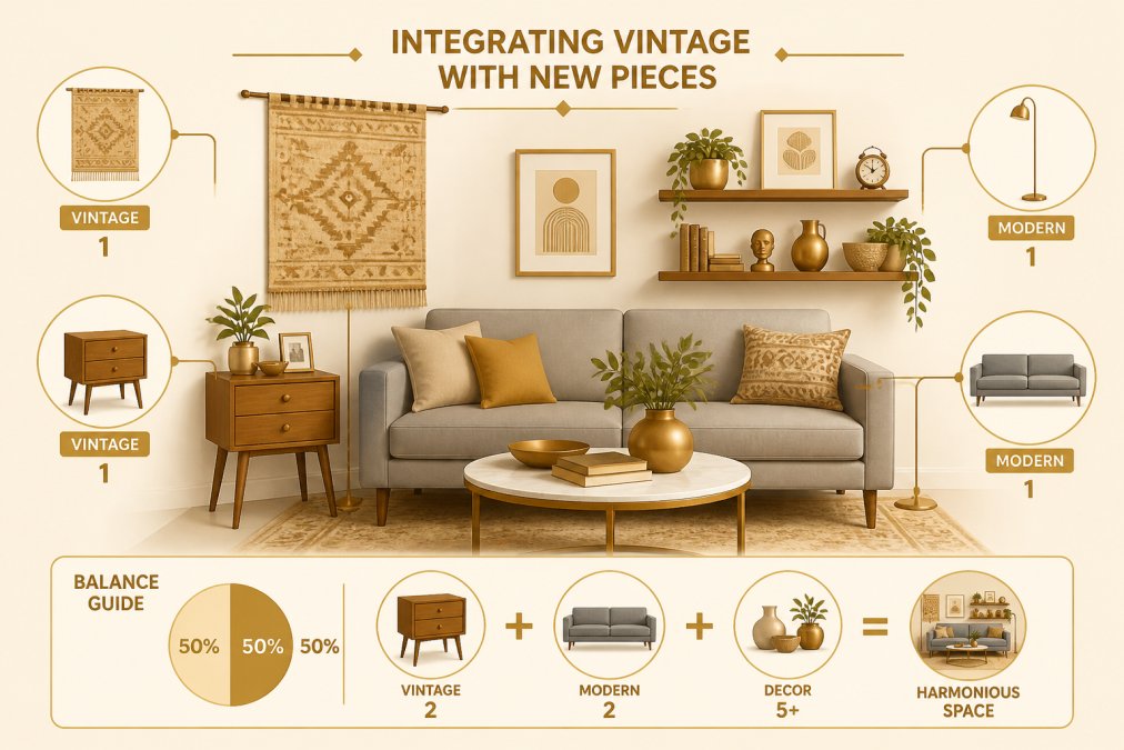 A carefully styled living room featuring a mix of vintage and modern pieces, including a mid-century wooden side table beside a contemporary gray sofa, vintage textile wall hanging, modern floor lamp, and eclectic decorative objects arranged on floating shelves with warm natural lighting