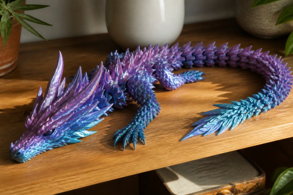 Close-up photo of a large articulated 3D printed crystal dragon with iridescent silk PLA finish displayed on a wooden shelf, with soft daylight highlighting the detailed scales and movable joints
