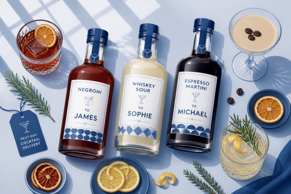 Flat lay arrangement of three different premium cocktail bottles with personalised labels showing recipient names, hand-made citrus garnishes, fresh herbs, and crystal serving glasses on a soft neutral background with natural window lighting