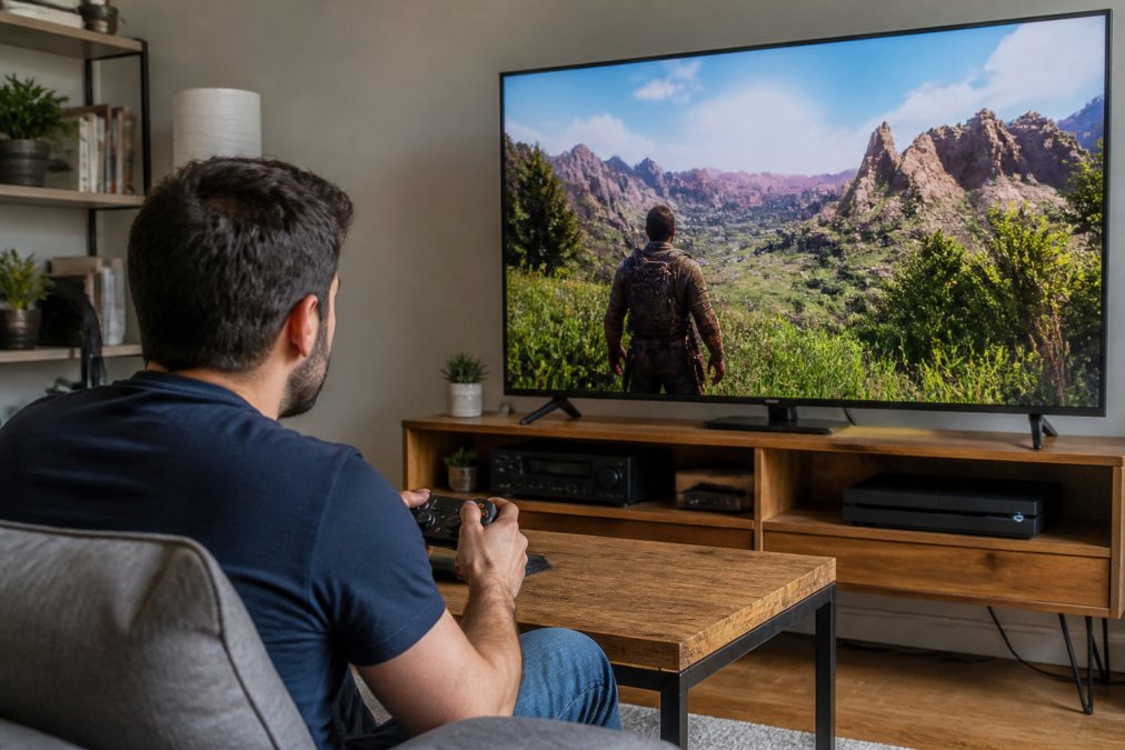 Person playing on the best next gen console for 4k gaming 2026 on a large television in a modern living room
