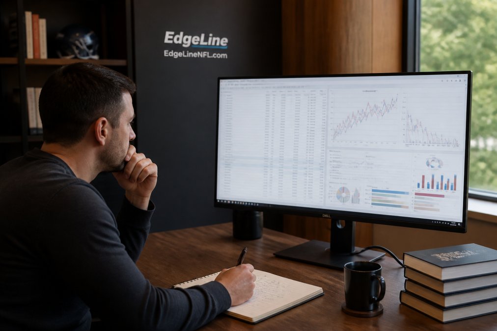 A focused bettor in a home office reviewing NFL analytics on a large monitor with charts and data visible, notebook and coffee nearby