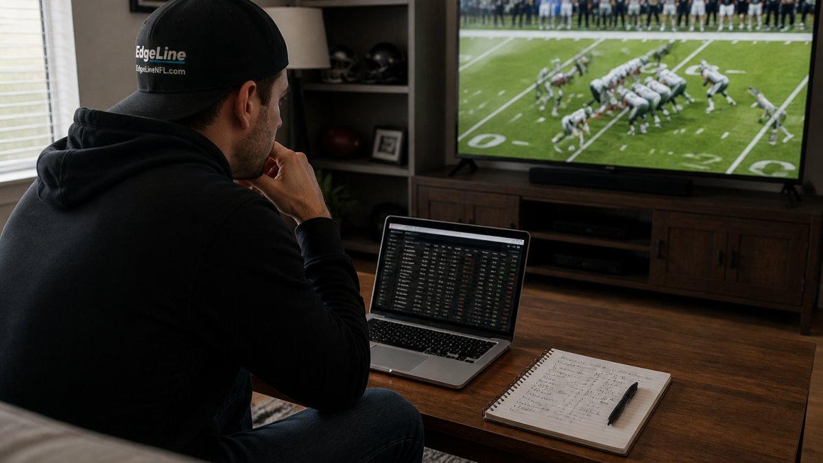 A sports bettor in a living room studying an NFL game on a large TV while a laptop shows odds and a notebook with handwritten numbers sits on the coffee table